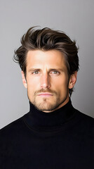 Obraz premium Handsome man portrait; Studio shot of a confident person with dark hair, wearing a turtle neck