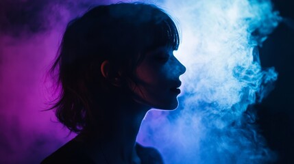Fototapeta premium Photo studio with bokeh lighting in cool tones, blue and purple tones on a black background generative ai