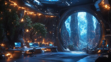 Futuristic office, glowing landscape view, tranquil ambiance.