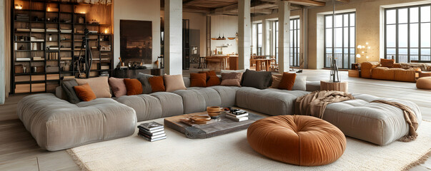 Spacious Loft Apartment with Modular Sofa, Decorated with Earthy Tones and Textures.  Relaxing Atmosphere, Calm Hues, Plush Comfort.