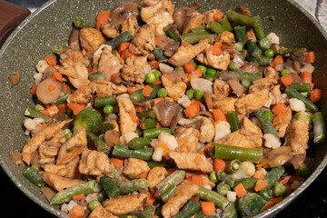 A close-up view of a pan filled with a variety of frozen mixed vegetables, including green beans, peas, carrots, cauliflower, and Brussels sprouts.