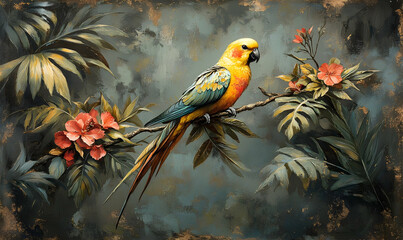Colorful parrot in tropical garden; artistic painting; decorative