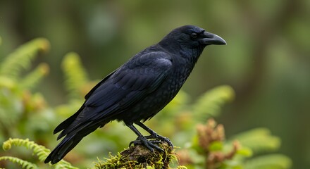 Fototapeta premium Crow Standing Perched on Mossy Branch in Natural Green Setting