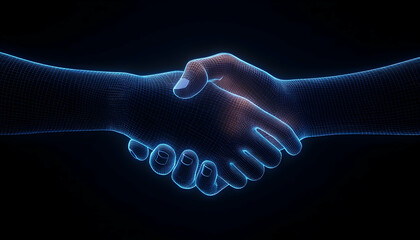 Hologram handshake for future tech agreements and collaboration. Digital deal concept