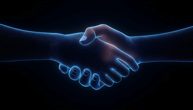 Hologram handshake for future tech agreements and collaboration. Digital deal concept
