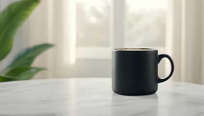 Hot beverage in a mug on marble table with plant and curtain near window for cozy cafe
