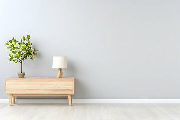 Interior scene with a plant, lamp and wooden cabinet against a gray wall. For home decor