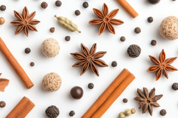 Assorted Star Anise, Cinnamon, and Peppercorns on White Background