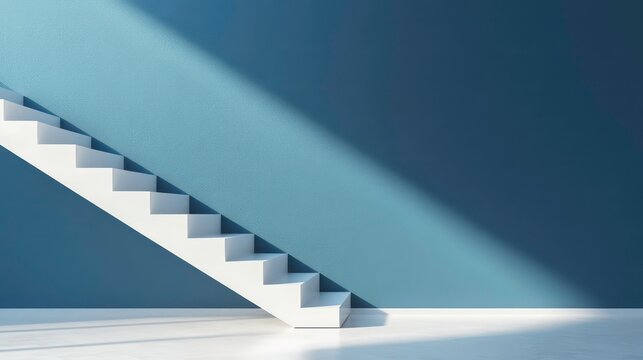 A room features white stairs ascending to a blue wall as its backdrop