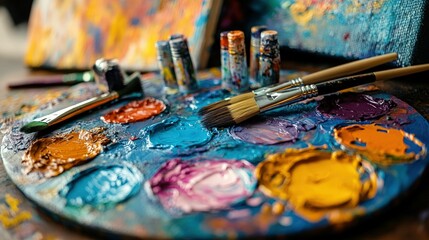 Fototapeta premium Artist's palette vibrant oil paints brushes