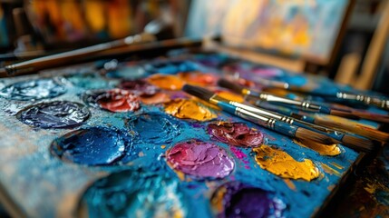 Fototapeta premium Vibrant oil paints and brushes, artistic creation.