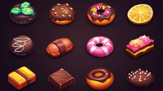 Candy game icons cartoon vector set. Sweets praline, striped round caramel, lollipop, toffee, cake piece, donut and star, choco ball with dragee, sandwich cookie, lemon slice and chocolate ui elements