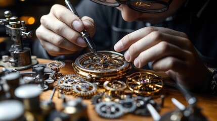 Watchmaker meticulously repairs intricate clockwork.