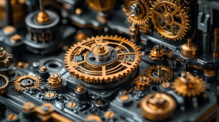 Intricate gold gears interlock in complex mechanism.