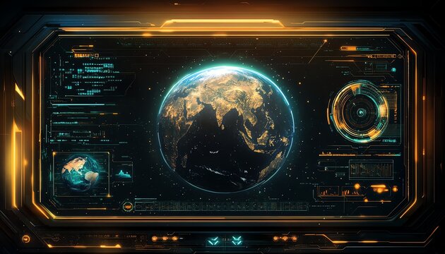 Advanced technology HUD interface showing Earth from space, digital hologram display, hightech futuristic design, vibrant glowing lines, AIgenerated background wallpaper