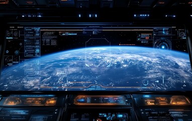 Obraz premium Digital hologram display of Earth from space, futuristic HUD interface, advanced technology design, glowing visual elements, AIgenerated spacethemed wallpaper