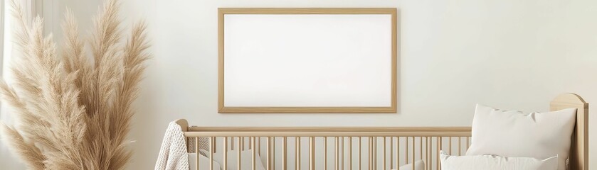 Boho-inspired baby room design with blank frame natural wood elements cozy environment minimalist viewpoint aesthetic concept