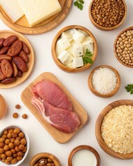 Fototapeta premium Assorted Ingredients for a Culinary Creation Featuring Meats, Cheeses, and Spices on a Table