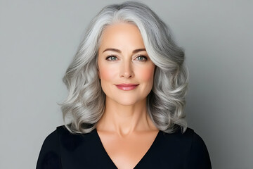 Mature woman portrait with gray curly hair. Against gray backdrop. Health concept