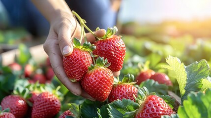 Strawberries hand picking organic goodness. Fresh strawberries being harvested in a sunlit field.
