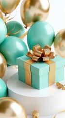 Mint Green Gift Box with Gold Ribbon and Balloons