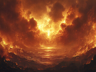 Fototapeta premium a dramatic, fiery eruption with lava and smoke billowing upwards, casting an intense orange glow. In the foreground, a person stands on a rocky ledge, observing the volcanic activity.