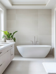Modern bathroom featuring a freestanding tub and a sink with plant in an airy, bright setting