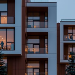 Fototapeta premium Modern Apartment Building Exterior at Dusk