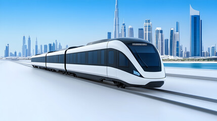 Naklejka premium Modern train traveling in a modern city, background shows skyscrapers along the water. For transport needs