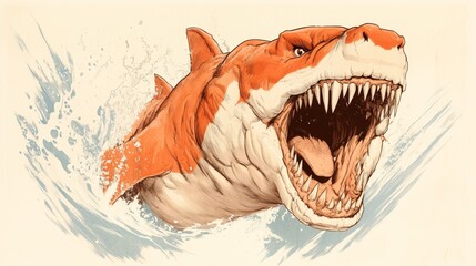 A terrifying illustration of a massive orange shark emerging from the water, its jaws agape, revealing rows of sharp teeth.