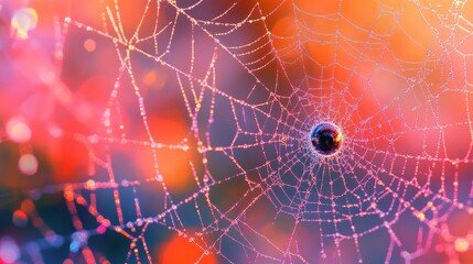 Reflecting Dewdrop on Intricate Spiderweb with Vibrant Background