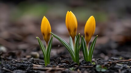 Fototapeta premium Three Yellow Crocus Blossoms Emerging from Dark Soil