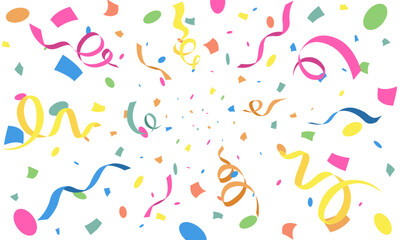 Colorful many ribbon and square small paper falling isolated on white background. Confetti for birthday, party, festival fair, celebration, and congratulation. Vector illustration flat design.