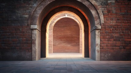 Fototapeta premium Ancient Brick Archway Passage, Mysterious, Historic Stone Entrance, Aged Architecture Background