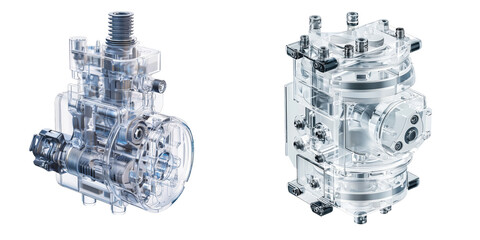 Transparent mechanical components showcasing intricate designs and engineering