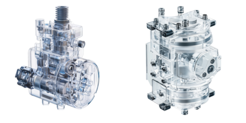 Transparent mechanical components showcasing intricate designs and engineering