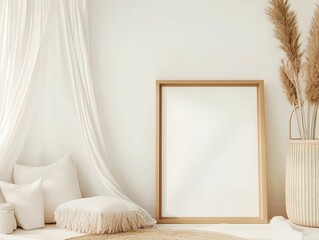 Cozy baby corner decor with neutral wooden frame minimalist room photography calm environment inviting view comfort concept