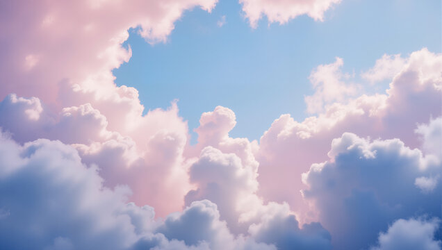 Dreamy clouds with soft, pastel hues create a serene and peaceful skyscape under a gentle, blue opening.