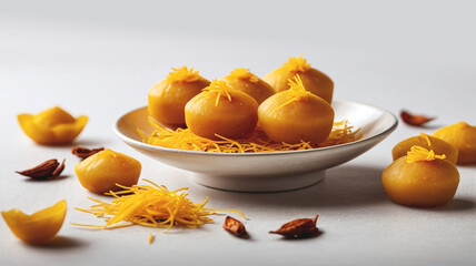 Delight in rich flavors of Kesar Peda, traditional Indian sweet, beautifully arranged on plate. vibrant yellow color and delicate garnishes create inviting presentation