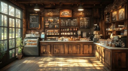 Sunlit rustic coffee shop, warm wood, delicious treats.