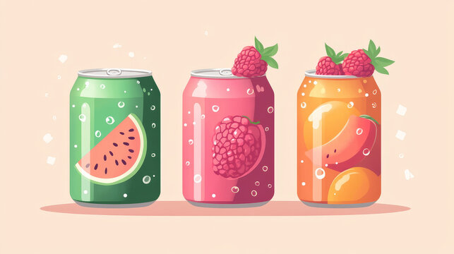 Sweet soda banner. Website design of fizzy drinks with fruits juice. Vector landing page with flat illustration of raspberry, watermelon and peach beverage in aluminium cans