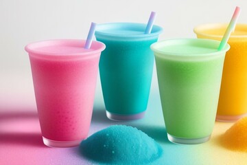cups with rainbow colored slush ice drinks, row on white background