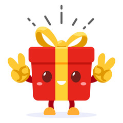 Red mystery gift box with a yellow ribbon Mascot is happy on white background. Random secret loot box concept. Vector illustration cartoon flat design.