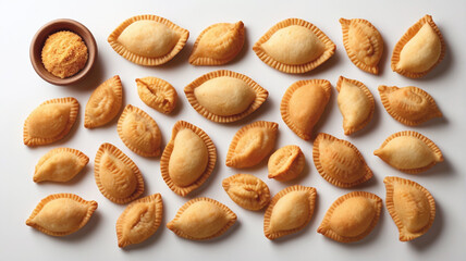 Obraz premium Delicious traditional Gujiya pastries arranged neatly on white background, showcasing their golden brown color and unique shape. Perfect for festive occasions and celebrations
