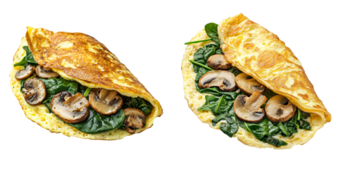 Delicious omelette with spinach and mushrooms on transparent background