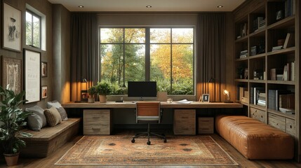 Rustic home office, autumnal view, wooden desk, cozy atmosphere