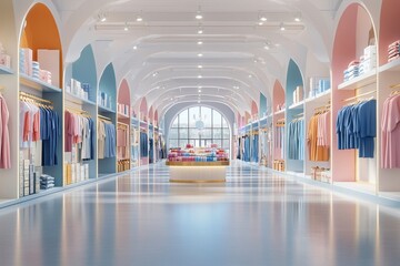 A bright, modern clothing store interior featuring colorful apparel displays, arched architecture, and a spacious layout.