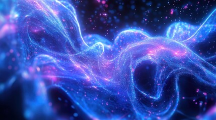 Abstract blue and pink glowing particles swirling.