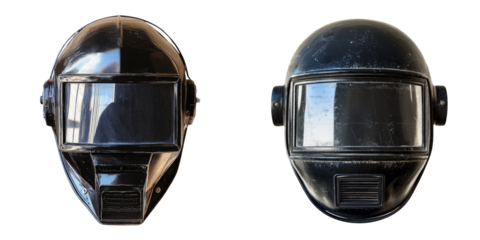 Vintage helmets with glossy black finish and clear visors