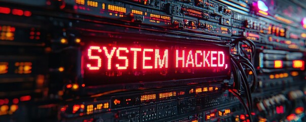 Digital disruption with a hacked system display in neon lighting.
